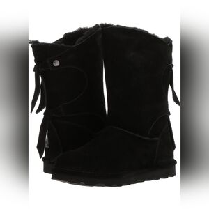 BearPaw Willow Black Suede Mid-Calf Winter Boots with Back Bows